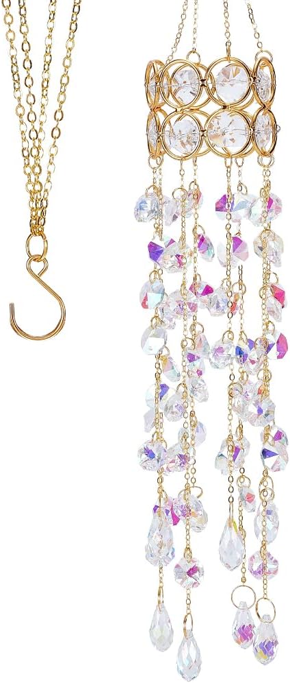 17.9In Crystal Wind Chimes Glass Crystal Suncatcher Prism Hanging Rainbow Maker Sun Catchers Octagonal Bead Chains Windchime for Window Hanging Ornaments Home Garden Decor Indoor Outdoor