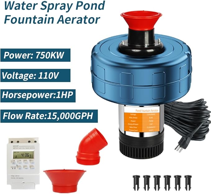 Pond Fountain Aerator, 1HP 110V 15000 GPH Stainless Steel Floating Pump w/100ft Cord – Aerator for Ponds, Lakes, Water Gardens