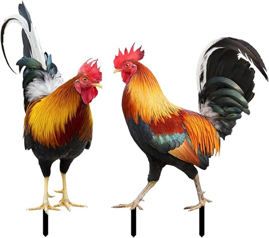 2 Pack Metal Rooster Yard Decor, Realistic Garden Stakes Chicken Yard Art Rooster Signs for Outside, Roosters Decorations for Garden Backyard Patio Lawn