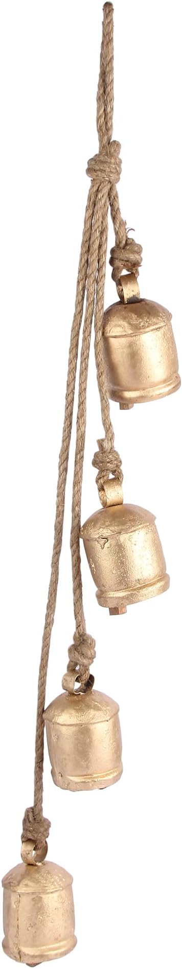 Decorative Cow Bell, 29" Hanging Bells Chime, Rustic Antique Brass Finish Metal Bells with Jute Rope, Tibetan Inspired Farmhouse Vintage Cascading Bell's for Indoor, Outdoor Patio, Garden & Wall Decor