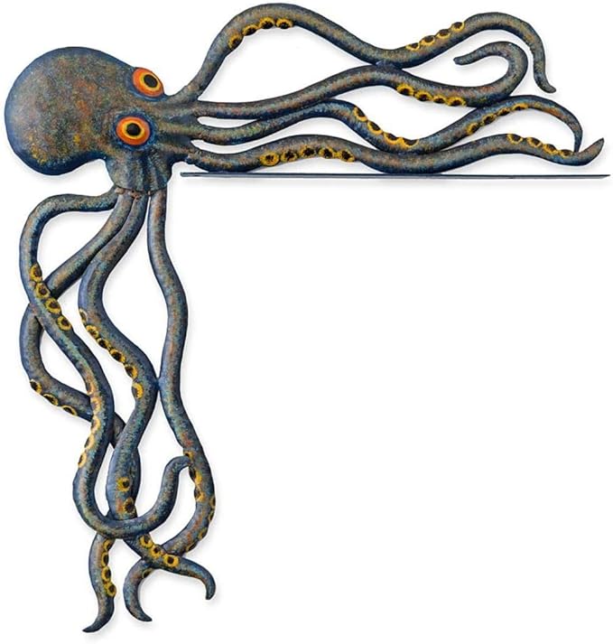 Wind & Weather Metal Octopus Door Crawler – Handcrafted Reclaimed Metal Indoor and Outdoor Decor – Mottled Blue Finish with Big Rrange Eyes – 17.32 W x 5.51 H x 1.61 D