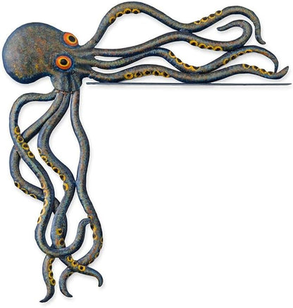 Wind & Weather Metal Octopus Door Crawler – Handcrafted Reclaimed Metal Indoor and Outdoor Decor – Mottled Blue Finish with Big Rrange Eyes – 17.32 W x 5.51 H x 1.61 D