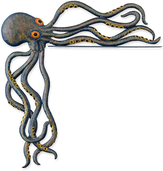 Wind & Weather Metal Octopus Door Crawler – Handcrafted Reclaimed Metal Indoor and Outdoor Decor – Mottled Blue Finish with Big Rrange Eyes – 17.32 W x 5.51 H x 1.61 D