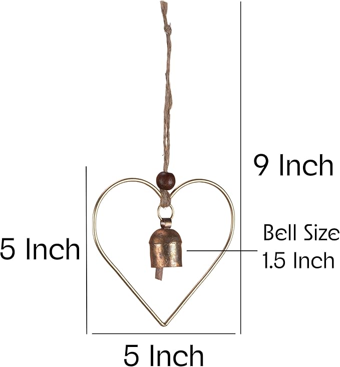 Rustic Heart Bell Wind Chime, Gold Bronze Metal, 5 x 5 inch Heart Frame with 1.5 inch Bell, Indoor Outdoor Decorative Hanging Ornament for Garden, Porch, Valentine's Day