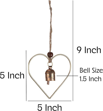 Rustic Heart Bell Wind Chime, Gold Bronze Metal, 5 x 5 inch Heart Frame with 1.5 inch Bell, Indoor Outdoor Decorative Hanging Ornament for Garden, Porch, Valentine's Day