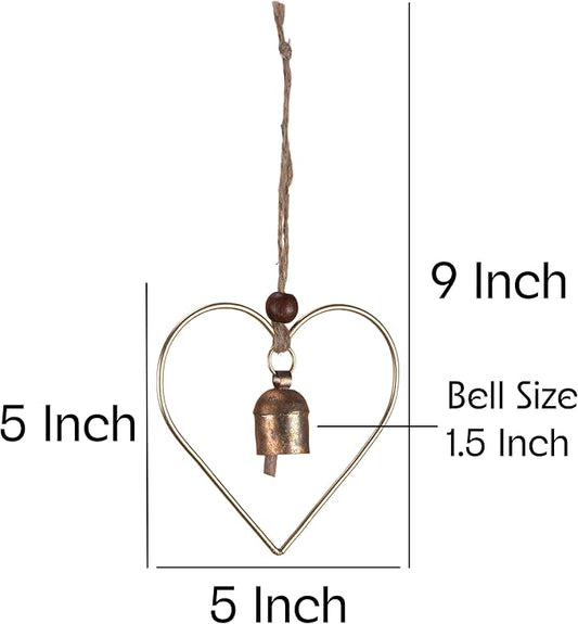 Rustic Heart Bell Wind Chime, Gold Bronze Metal, 5 x 5 inch Heart Frame with 1.5 inch Bell, Indoor Outdoor Decorative Hanging Ornament for Garden, Porch, Valentine's Day
