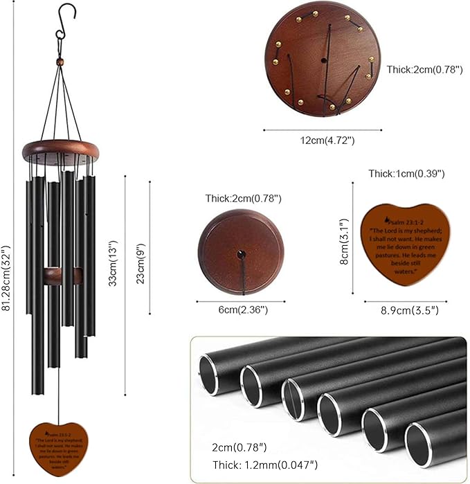Healing Wind Chimes for Garden, 6 Tubes, Large Outdoor Chime with Psalm 23 Scripture Plaque, Black Metal and Wood