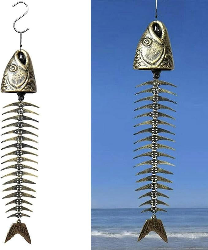 Fish Windchime Retro Fishbone Wind Chime Ornaments Vintage Metal Wind Bell Outdoor Soothing Melody for Garden Home Yard Porch Hanging Decor