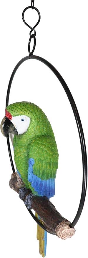Ebros Patio Home Garden Hanging Scarlet Macaw Parrot Perching on Branch in Metal Round Ring Figurine Sculpture Nature Lovers Tropical Bird Collectors Decor 13.5" H (Green)