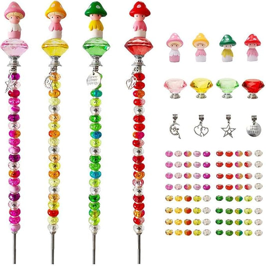 Fairy Garden Accessories Outdoor Kit - DIY Fairy Wand Beaded Garden Stakes Decorative with Miniature Mushrooms Figurine for Different Festivals, Beadable Items (Mushrooms)