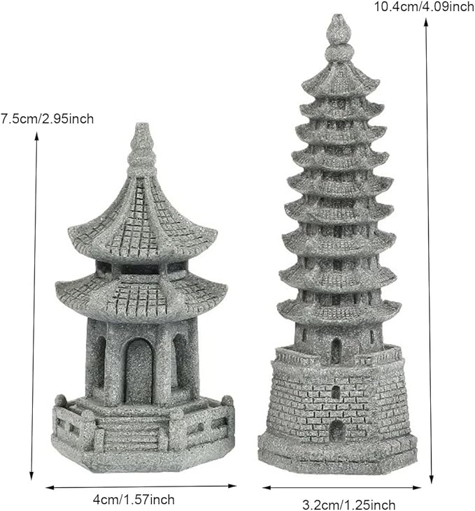 Set of 2 Pagoda Garden Miniature Sculptures - Zen Tower Decor Statues for Indoor and Outdoor Fairy Gardens - Asian Figurines for Chinese Outdoor Pagoda Decor for Home and Garden Enthusiasts