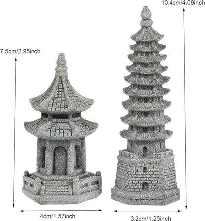 Set of 2 Pagoda Garden Miniature Sculptures - Zen Tower Decor Statues for Indoor and Outdoor Fairy Gardens - Asian Figurines for Chinese Outdoor Pagoda Decor for Home and Garden Enthusiasts