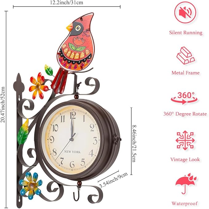 Vintage Indoor Outdoor Clock - Silent Non-Ticking, Double Sided Wall Clock with Cardinal Decor Waterproof for Garden, Patio, Yard, Farmhouse, Home Décor (Red)