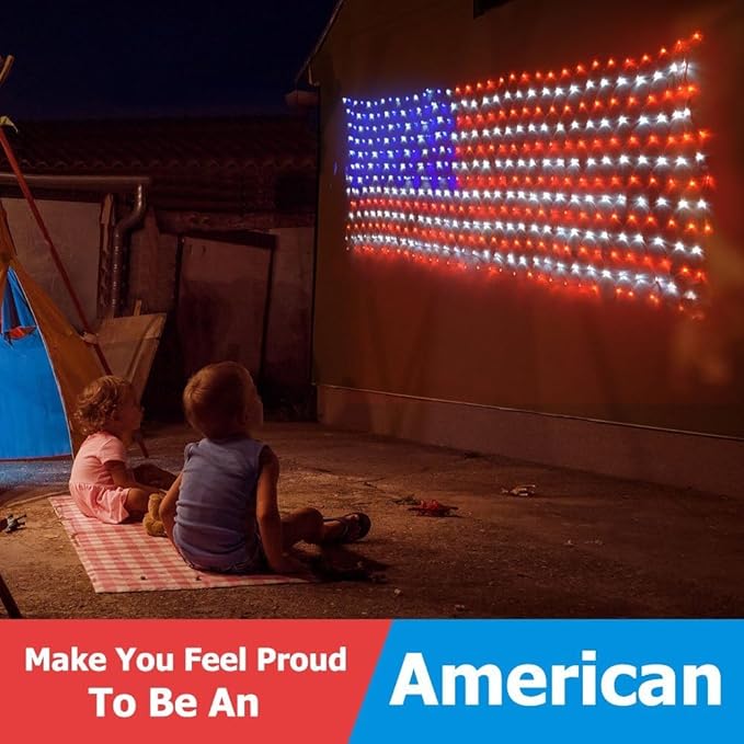 Decute American LED Flag Net Lights - 420 LED 4th of July Decorations Outdoor Lighted Flag String Lights of The United States for Memorial Day Yard Garden Festival Holiday Party