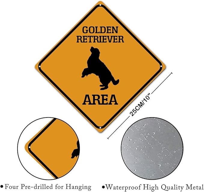 Warning Golden Retriever Area Metal Tin Sign Golden Retriever Dog Caution Crossing Xing Street Sign Yellow Diamond Shape Funny Metal Sign For Indoor Outdoor 10x10in
