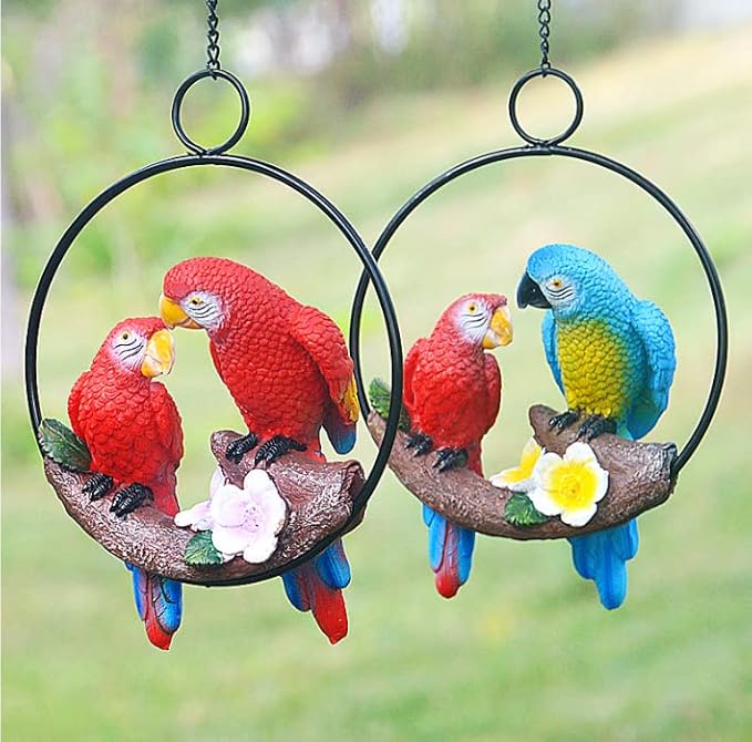 Mini Garden Statues Hanging Iron Ring Parrots, Resin Parrot Hanging Statue, Hanging Birds Figurine for Pathways Yard Patio Office Home Indoor Outdoor Tree Decorations (B-3)