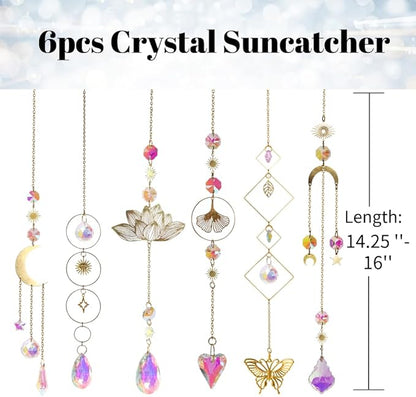 6pcs Crystal Suncatcher, Sun Catcher Hanging for Windows, Spiritual, Rainbow Maker, Crystal Indoor Garden Home Decor,Gemstone Prism（Set 1）