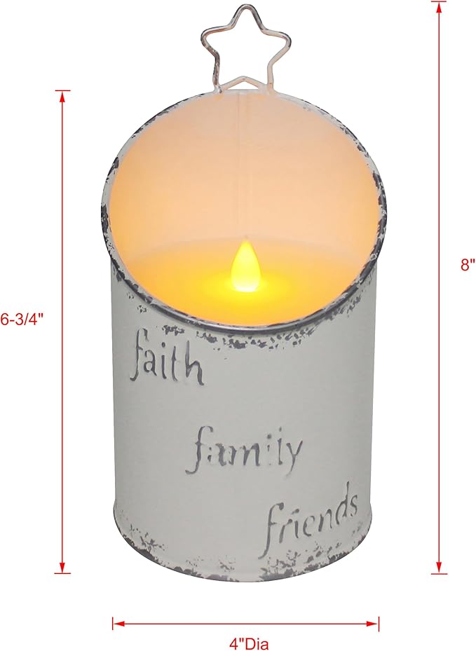 CVHOMEDECO. Vintage Galvanized Can Flameless LED Candle, Real Wax in Antique Galvanized Jar FFF Flickering Candle with Remote Control for Tabletop Wall Decor. H 8 Inch, Cream