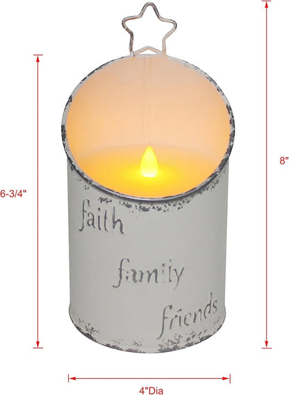 CVHOMEDECO. Vintage Galvanized Can Flameless LED Candle, Real Wax in Antique Galvanized Jar FFF Flickering Candle with Remote Control for Tabletop Wall Decor. H 8 Inch, Cream