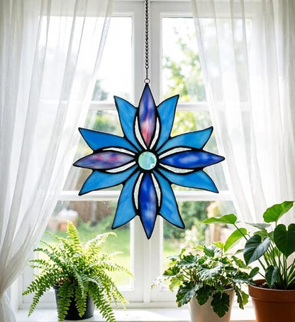 Stained Glass Window Panels,Flower Handmade Art Crafts Suncatcher for Window or Wall (Indigo starflower)