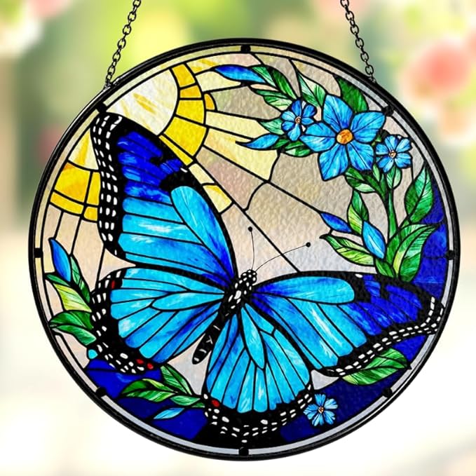 2 Stained Glass 7.8" Butterfly Stained Glass Suncatcher, Luna Moth Stained Glass Suncatchers Art Monarchs for Sun Catcher Indoor, Butterfly Gifts for Mom, Women, Family, Nature Floral Lovers