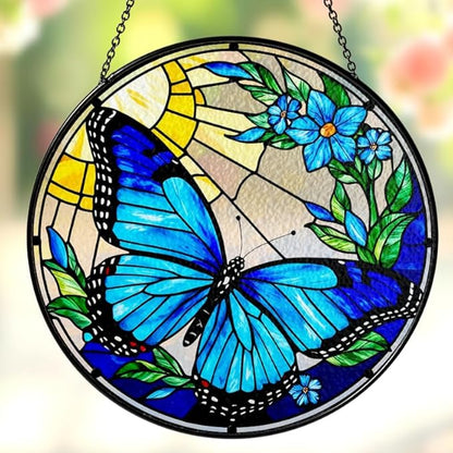 2 Stained Glass 7.8" Butterfly Stained Glass Suncatcher, Luna Moth Stained Glass Suncatchers Art Monarchs for Sun Catcher Indoor, Butterfly Gifts for Mom, Women, Family, Nature Floral Lovers