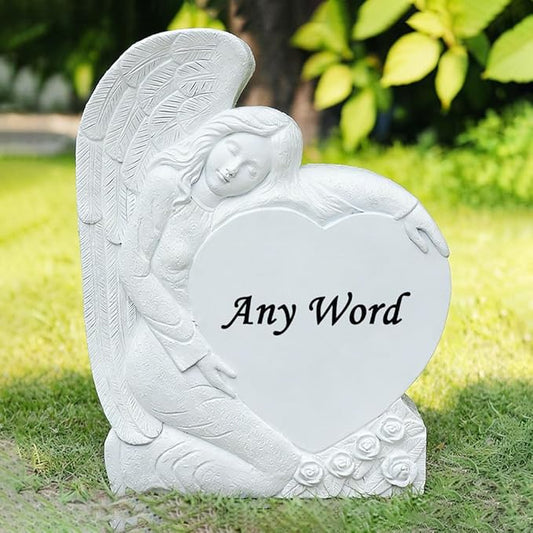 Personalized Memorial Garden Stones Angel Stones Engraved with Any Word - Outdoor Grave Markers Cemetery Stones Memorial Plaques with Angel Statue for Sympathy Gifts