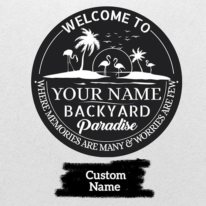 MeMate Personalized Backyard Signs, Patio Sign for Outdoor Decor, Customized Name Metal Sign, Flamingo Backyard Paradise Sign, Round Printed Metal Sign for Restaurants Farmhouse Porch Deck