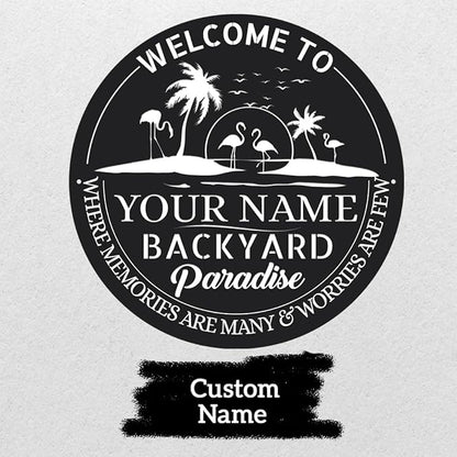 MeMate Personalized Backyard Signs, Patio Sign for Outdoor Decor, Customized Name Metal Sign, Flamingo Backyard Paradise Sign, Round Printed Metal Sign for Restaurants Farmhouse Porch Deck