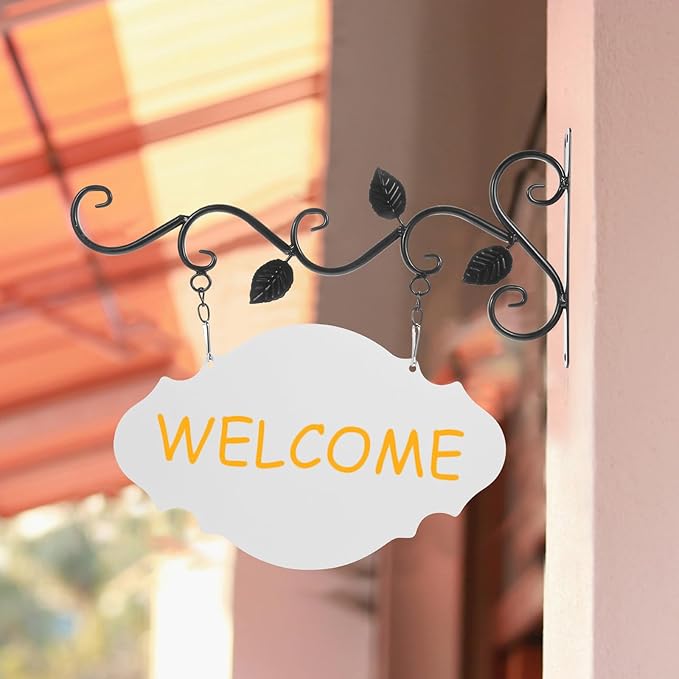Hanging Sign Bracket with Blank Board, Wrought Iron Wall Hanger DIY Double-sided Signs Outdoor Wreath Hanger Flower Pot Brackets for Outdoor Business, Classroom Door, Home Farmhouse Decor
