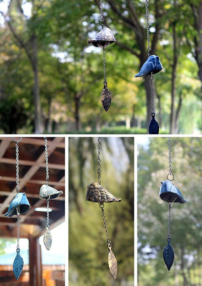 Japanese Cast Iron Metal Wind Bell Chimes Door Pendant Garden Decor Birthday Gift, Bird and Tree Leave