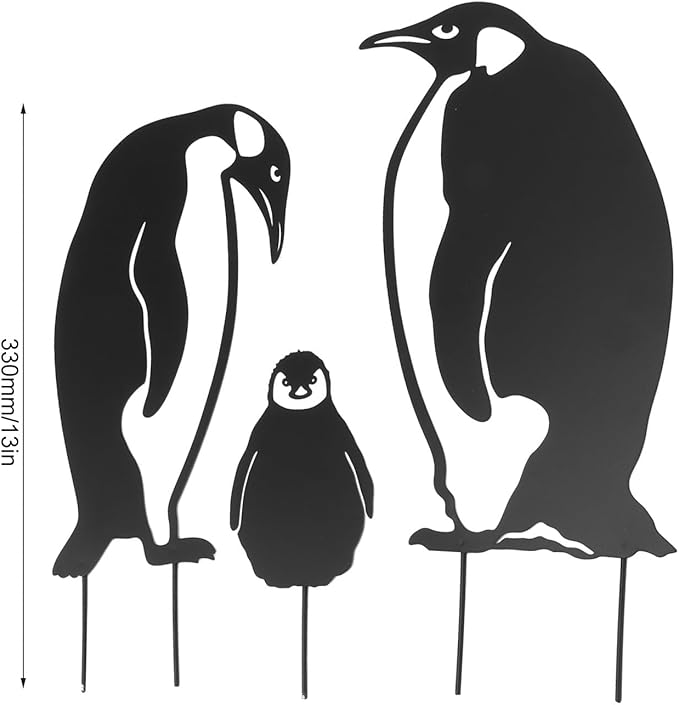 Penguin Family Stake Statue, Metal Animal Stake Decoration, Vivid Hollow Iron Garden Figurine with Hand Painted Finish for Lawn Yard Flower Bed Outdoor Use