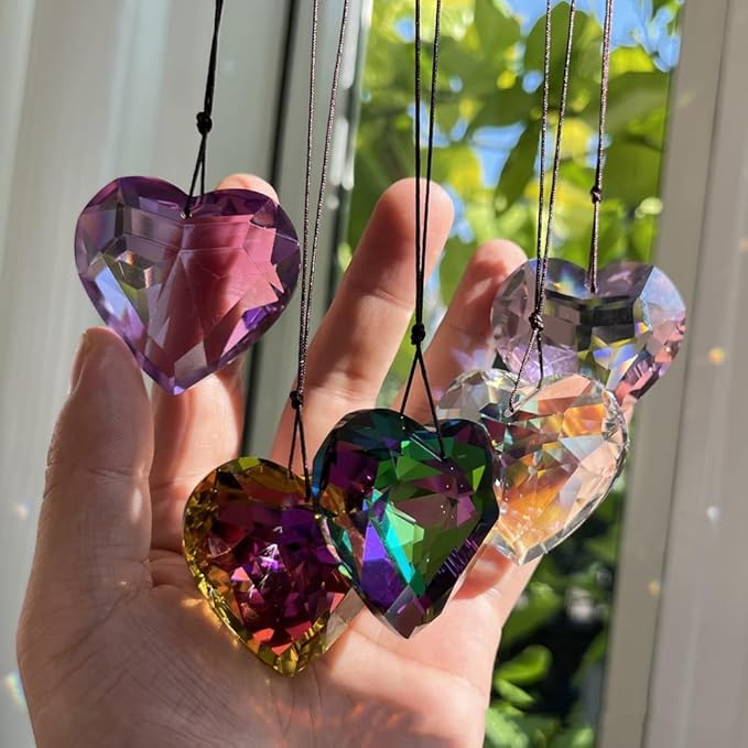Colorful Heart Crystals Suncatcher Hanging Sun Catcher with Chain Pendant Ornament for Window Home Garden Christmas Tree Party Wedding Decoration (Pink)