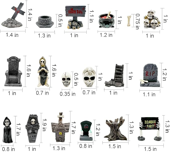 Suartus Halloween Miniature Figurines - 18Pcs Resin Ghost Tombstones Skull Heads Scene Ornaments Halloween Garden Accessories Mini Figurine Decorations for Outdoor Statues Home Village Crafts Decor
