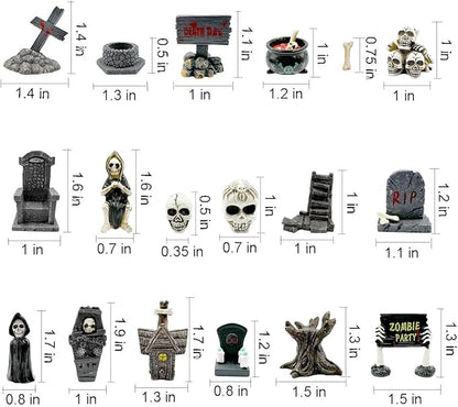 Suartus Halloween Miniature Figurines - 18Pcs Resin Ghost Tombstones Skull Heads Scene Ornaments Halloween Garden Accessories Mini Figurine Decorations for Outdoor Statues Home Village Crafts Decor