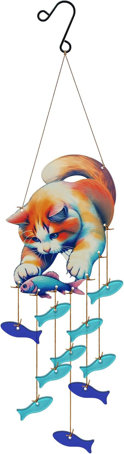 Cute Kitten Fish Wind Chimes for Outside, Handcrafted Windchimes Outdoors Unique,Suncatchers Sea Glass Art Christmas, Patio Beach Hanging Outdoor Home Garden Decor, Christmas Memorial Gifts for Women