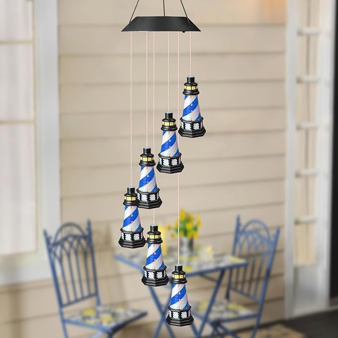 Lighthouse Wind Chimes Outdoors Solar Hanging Lighthouse Decorative Outdoor Lighthouse Solar Lighthouse Windchime（Blue）