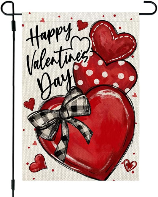 CROWNED BEAUTY Valentines Day Hearts Garden Flag 12x18 Inch Double Sided for Outside Small Burlap Love Red Holiday Yard Decoration