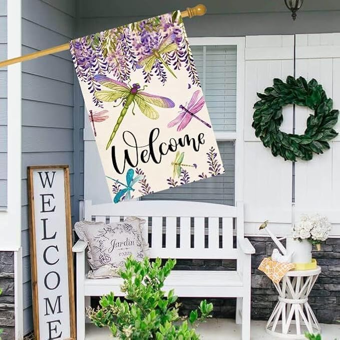 Baccessor Spring Summer Flower House Flag Wisteria Dragonfly Floral Welcome House Flag Burlap Double Sided Vertical Seasonal Farmhouse Wedding Yard Outdoor Decoration 28 x 40 Inch (Large)
