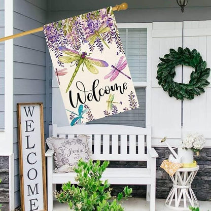 Baccessor Spring Summer Flower House Flag Wisteria Dragonfly Floral Welcome House Flag Burlap Double Sided Vertical Seasonal Farmhouse Wedding Yard Outdoor Decoration 28 x 40 Inch (Large)