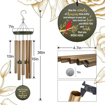 Personalized Wind Chimes Outdoor, Wind Chimes for Loss of Loved Ones, 36inch Custom Cardinal Bird Wind Chime Deep Tone, in Loving Memory of Dad/Mom, Gifts for Condolences (Produced in USA)
