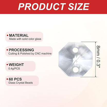 PATIKIL K9 Crystal Octagon Beads 2 Holes Pendants, 60 Pack 8mm Chandelier Prisms Parts Ornaments Hanging Beads for DIY Arts Crafts Decoration, Clear