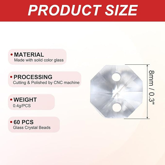 PATIKIL K9 Crystal Octagon Beads 2 Holes Pendants, 60 Pack 8mm Chandelier Prisms Parts Ornaments Hanging Beads for DIY Arts Crafts Decoration, Clear