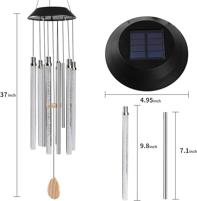 Bursvik Solar Wind Chimes for Outside, 6 LED Tube with 4 Aluminum Tube Automatic Color Changing Wind Chimes, Gifts for Mom, IPX65 Waterproof Hanging Solar Lights for Garden Patio Yard Porch