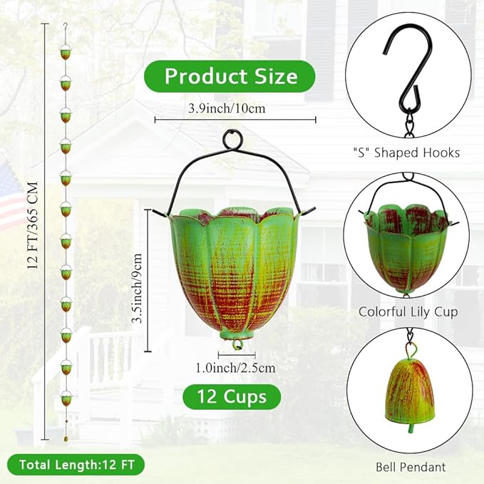Rain Chains for Outside, 10FT Rain Water Chain with 12 Lily Cups, Adjustable Rain Gutter Chain with Bell for Eaves Drainage, Replacement for Downspout
