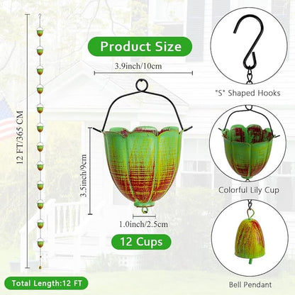 Rain Chains for Outside, 10FT Rain Water Chain with 12 Lily Cups, Adjustable Rain Gutter Chain with Bell for Eaves Drainage, Replacement for Downspout