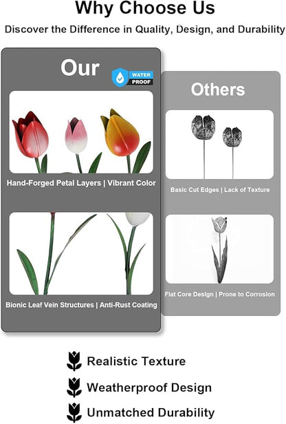 hogardeck Garden Decor for Outside, 3 Pcs 40"/32"/24" Metal Tulip Decorative Garden Stakes for Spring Decor, 3D Flowers Yard Art for Outdoor Lawn Patio Pathway Decorations