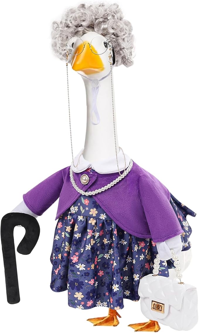 GJL Old Lady Porch Goose Outfits, Spring Summer Grandma Goose Clothes with Wig Glasses Pearl Necklace, Fits 23 Inch Cement Plastic Goose Statue for Outdoor Yard Garden Decor