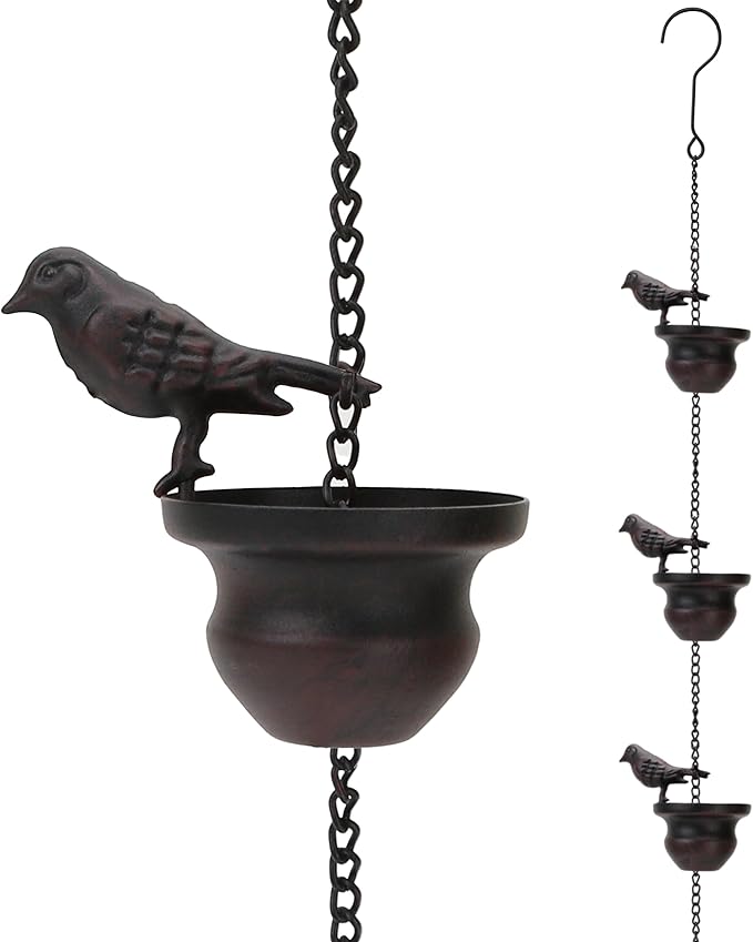 Vintage Bird Shaped Rain Chain Catcher – Decorative Hanging Gutter Chains for Outside Gutters, 8 Feet (About 2.4 Meters) with Attached Hanger, Drain Garden Mobile Birds Steering Wheel, Dark Bronze