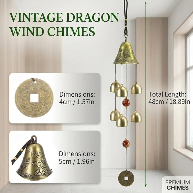 Lucky Wind Chimes Fengshui Bell Copper Alloy Dragon Bell 6 Bells Hanging Wind Bell for Home Garden Hanging Good Luck Blessing